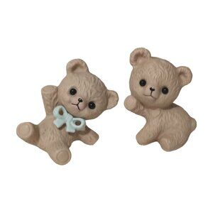 Set of 2 Ceramic Teddy Bears 2.5/3" Tan/Beige with Blue Bow Good Condition